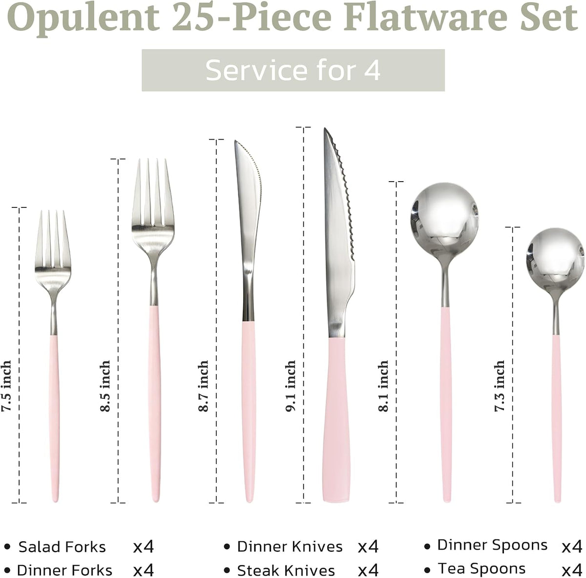 25-Pieces Silverware Set with Steak Knives for 4 - Great Food-Grade Stainless Steel Flatware Set, Mirror-polished Cutlery Utensil Sets, Ideal for Home Restaurant & Banquet Use, Pink