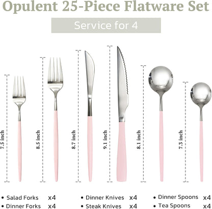 25-Pieces Silverware Set with Steak Knives for 4 - Great Food-Grade Stainless Steel Flatware Set, Mirror-polished Cutlery Utensil Sets, Ideal for Home Restaurant & Banquet Use, Pink