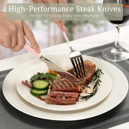 25-Pieces Silverware Set with Steak Knives for 4 - Great Food-Grade Stainless Steel Flatware Set, Mirror-polished Cutlery Utensil Sets, Ideal for Home Restaurant & Banquet Use, Pink