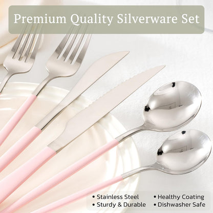 25-Pieces Silverware Set with Steak Knives for 4 - Great Food-Grade Stainless Steel Flatware Set, Mirror-polished Cutlery Utensil Sets, Ideal for Home Restaurant & Banquet Use, Pink