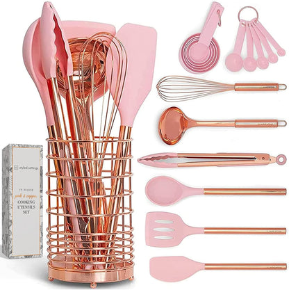 Copper and Pink Kitchen Utensils Set, 17-Piece
