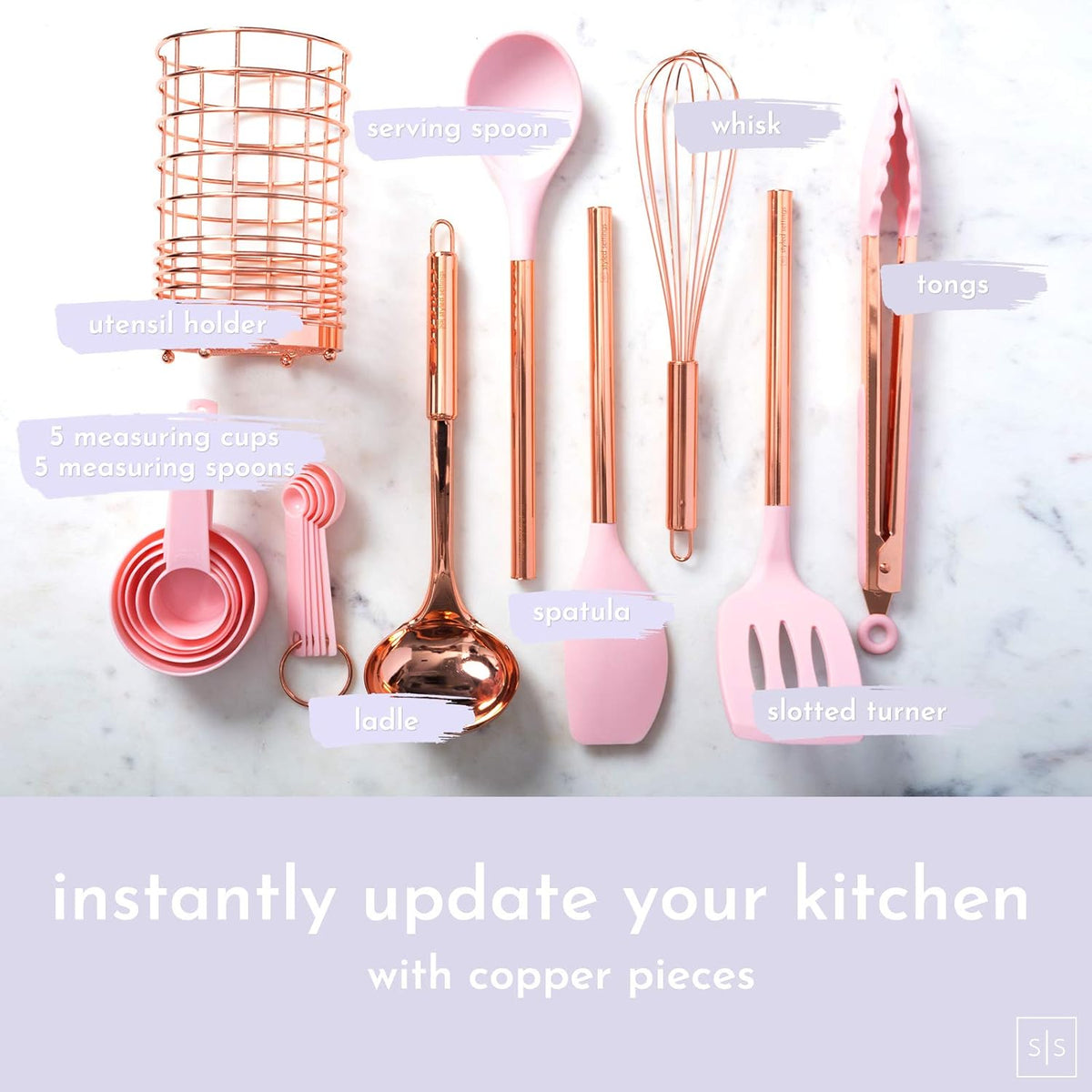 Copper and Pink Kitchen Utensils Set, 17-Piece