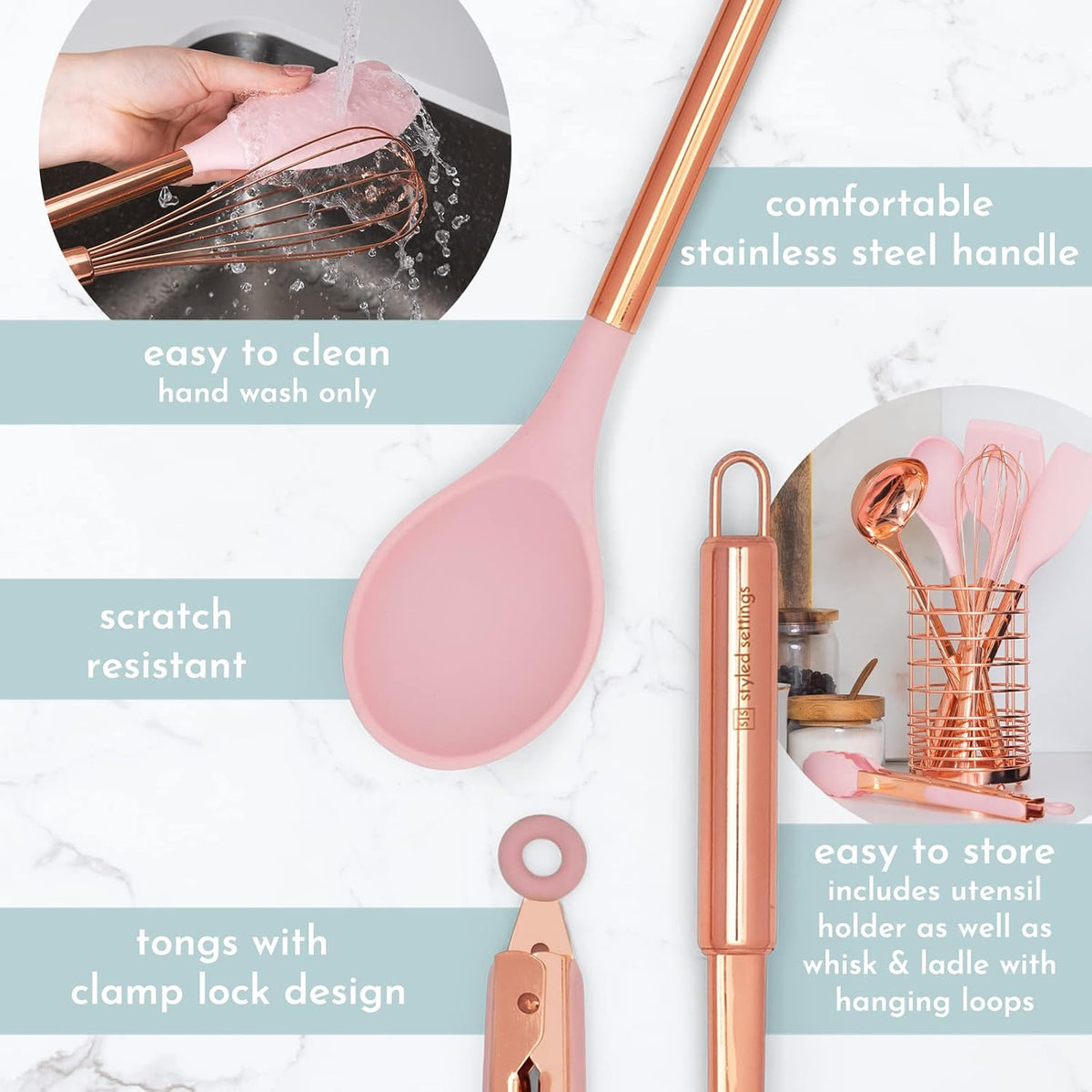 Copper and Pink Kitchen Utensils Set, 17-Piece