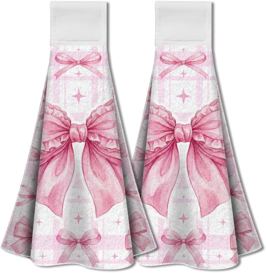 2 Pack Pink Bow Coquette Kitchen Hanging Towels with Loop, Cute Pink Hand Tea Dish Towel Decorative Soft Absorbent Coquette Bowknot Gifts for Hostess Cooking Valentines Housewarming Gifts