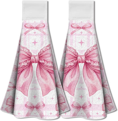 2 Pack Pink Bow Coquette Kitchen Hanging Towels with Loop, Cute Pink Hand Tea Dish Towel Decorative Soft Absorbent Coquette Bowknot Gifts for Hostess Cooking Valentines Housewarming Gifts