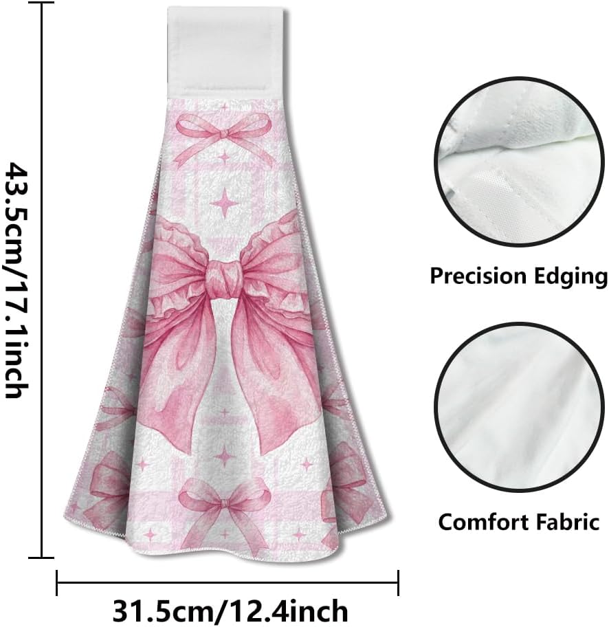 2 Pack Pink Bow Coquette Kitchen Hanging Towels with Loop, Cute Pink Hand Tea Dish Towel Decorative Soft Absorbent Coquette Bowknot Gifts for Hostess Cooking Valentines Housewarming Gifts