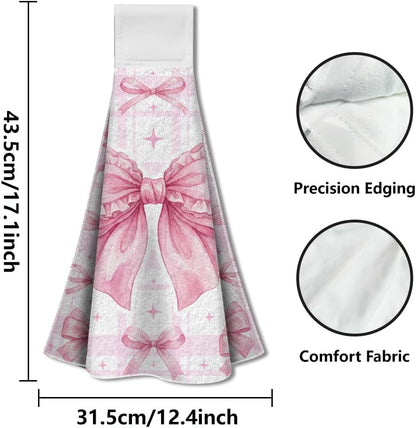 2 Pack Pink Bow Coquette Kitchen Hanging Towels with Loop, Cute Pink Hand Tea Dish Towel Decorative Soft Absorbent Coquette Bowknot Gifts for Hostess Cooking Valentines Housewarming Gifts