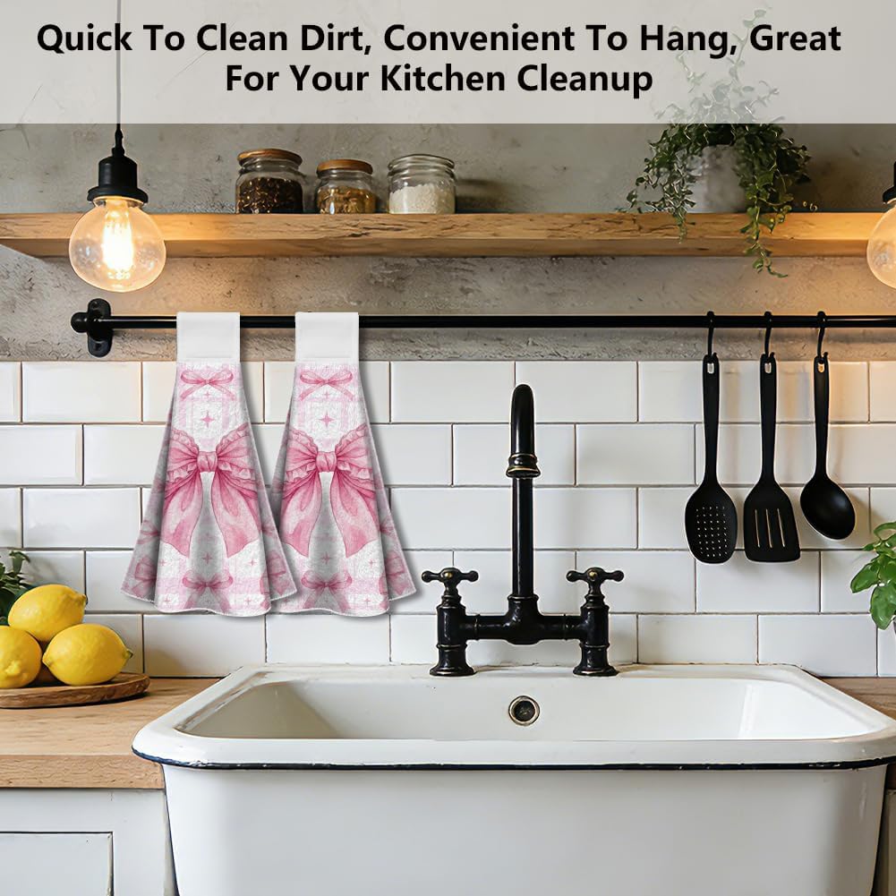 2 Pack Pink Bow Coquette Kitchen Hanging Towels with Loop, Cute Pink Hand Tea Dish Towel Decorative Soft Absorbent Coquette Bowknot Gifts for Hostess Cooking Valentines Housewarming Gifts