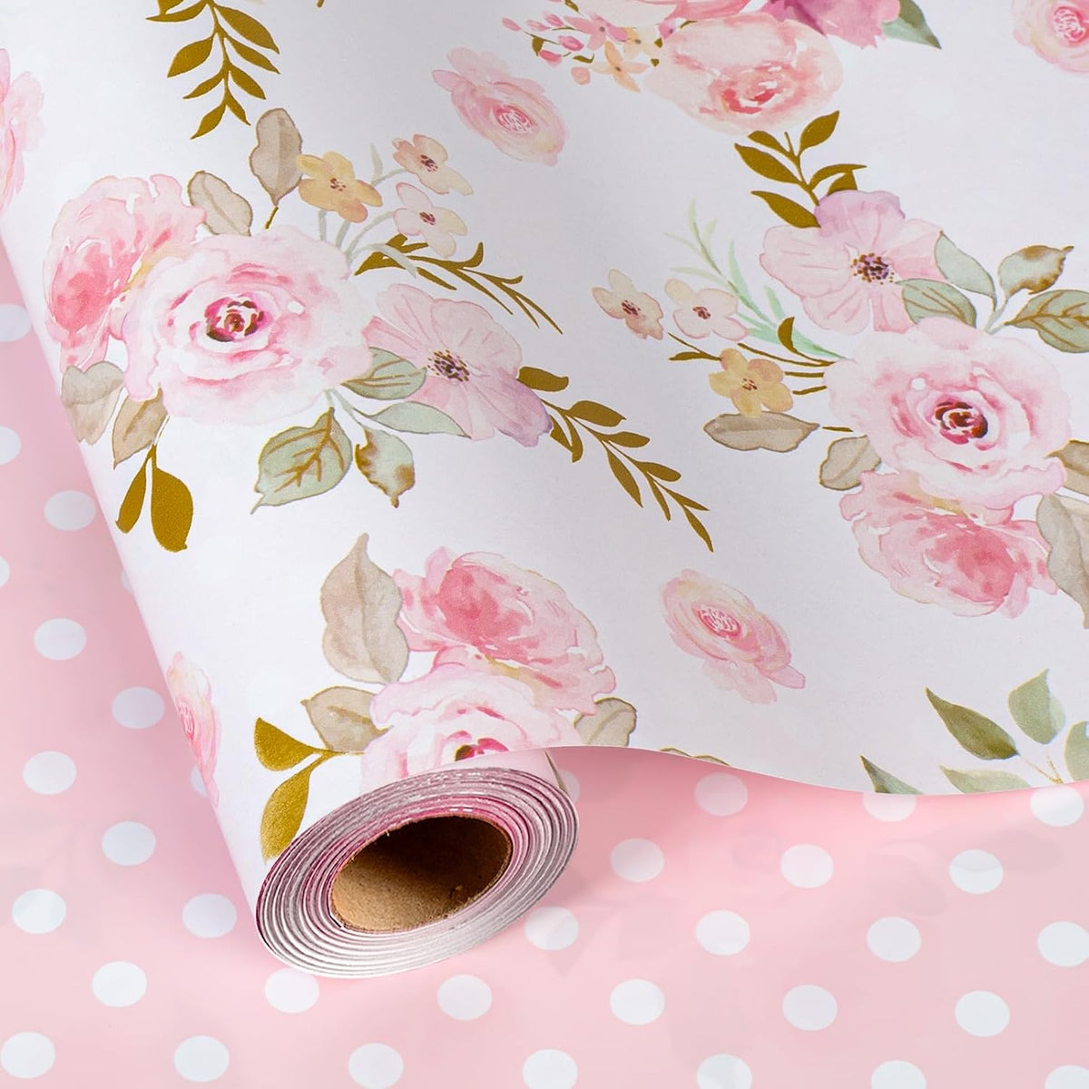Burymento Pink Flower Wrapping Paper, Reversible Pink Wave Point Gift Wrap for Birthday, Valentines, Mothers day, Graduation, Wedding, Fathers day, Baby Shower, Christmas (17in x 32.8ft)