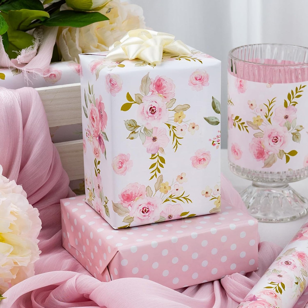 Burymento Pink Flower Wrapping Paper, Reversible Pink Wave Point Gift Wrap for Birthday, Valentines, Mothers day, Graduation, Wedding, Fathers day, Baby Shower, Christmas (17in x 32.8ft)