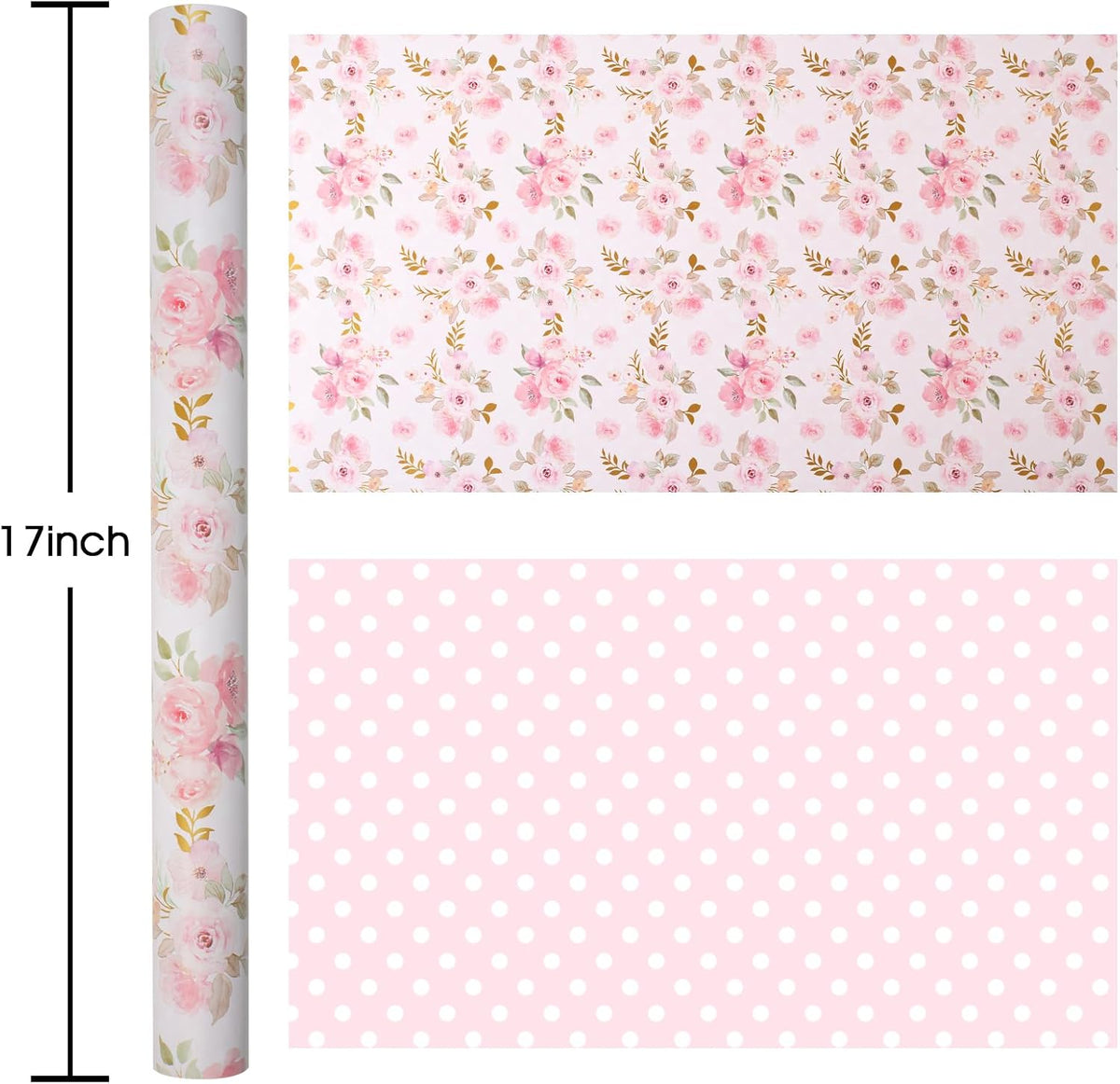 Burymento Pink Flower Wrapping Paper, Reversible Pink Wave Point Gift Wrap for Birthday, Valentines, Mothers day, Graduation, Wedding, Fathers day, Baby Shower, Christmas (17in x 32.8ft)