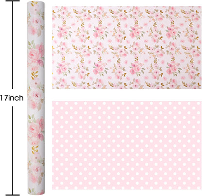 Burymento Pink Flower Wrapping Paper, Reversible Pink Wave Point Gift Wrap for Birthday, Valentines, Mothers day, Graduation, Wedding, Fathers day, Baby Shower, Christmas (17in x 32.8ft)