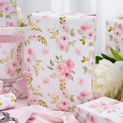 Burymento Pink Flower Wrapping Paper, Reversible Pink Wave Point Gift Wrap for Birthday, Valentines, Mothers day, Graduation, Wedding, Fathers day, Baby Shower, Christmas (17in x 32.8ft)