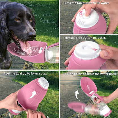 Dog Water Bottle, Pet Water Bottle with Food Container and Drinking Feeder, Leak Proof, BPA-Free, Portable Foldable Puppy Water Cup Dispenser for Outdoor Walking, Travel, Hiking Large Pink