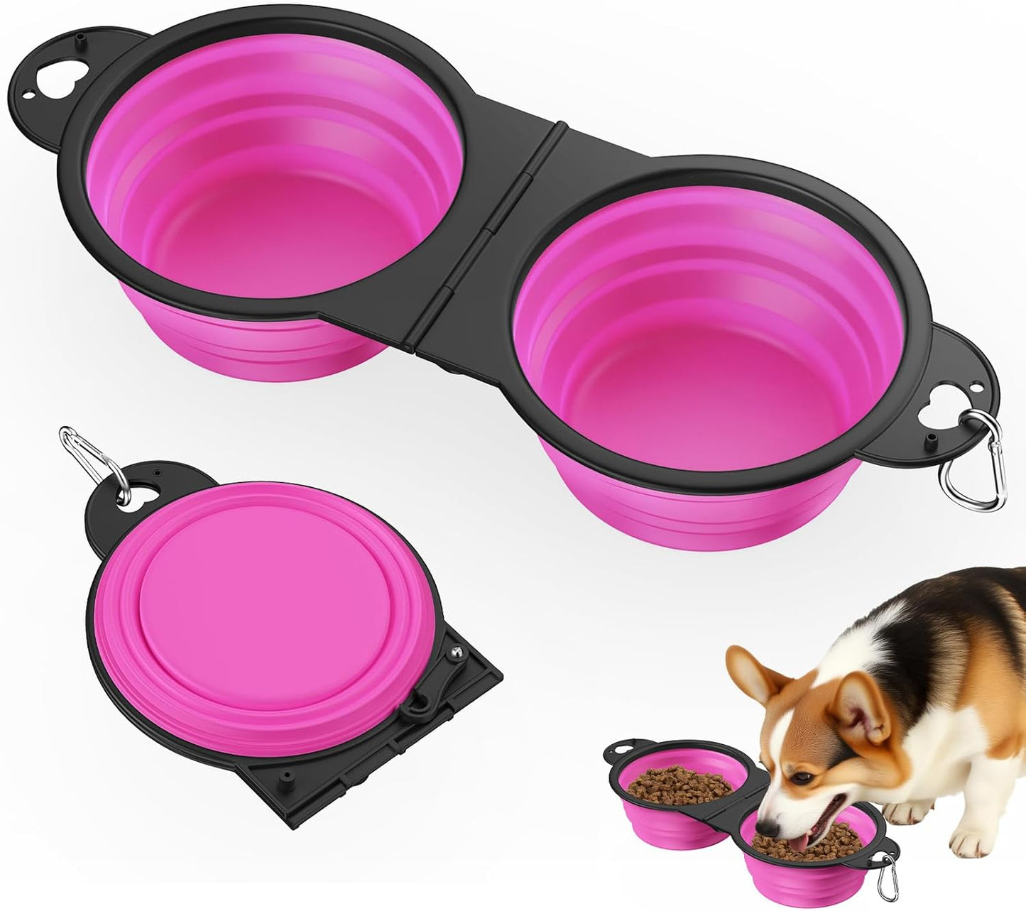 2-in-1 Collapsible Dog Bowls, Dual Puppy Food and Water Bowls, 180° Flip Over Portable Silicone Dog Bowl with Metal Hook, 450ml Pet Travel Feeder Bowl for Walking Hiking Camping, Pink