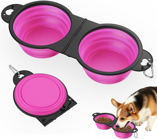2-in-1 Collapsible Dog Bowls, Dual Puppy Food and Water Bowls, 180° Flip Over Portable Silicone Dog Bowl with Metal Hook, 450ml Pet Travel Feeder Bowl for Walking Hiking Camping, Pink