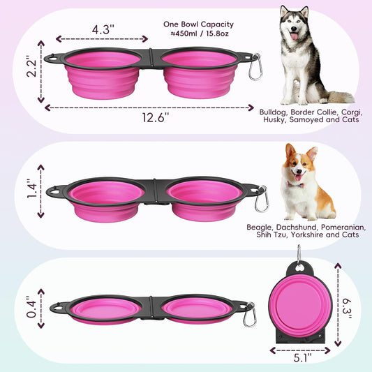 2-in-1 Collapsible Dog Bowls, Dual Puppy Food and Water Bowls, 180° Flip Over Portable Silicone Dog Bowl with Metal Hook, 450ml Pet Travel Feeder Bowl for Walking Hiking Camping, Pink