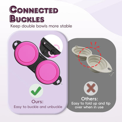 2-in-1 Collapsible Dog Bowls, Dual Puppy Food and Water Bowls, 180° Flip Over Portable Silicone Dog Bowl with Metal Hook, 450ml Pet Travel Feeder Bowl for Walking Hiking Camping, Pink