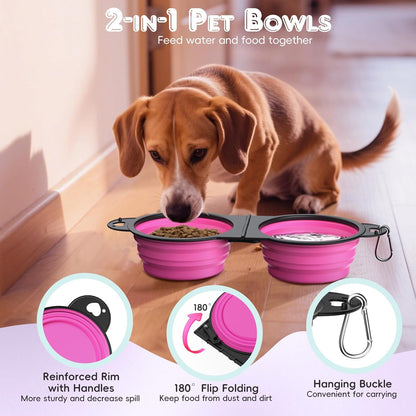 2-in-1 Collapsible Dog Bowls, Dual Puppy Food and Water Bowls, 180° Flip Over Portable Silicone Dog Bowl with Metal Hook, 450ml Pet Travel Feeder Bowl for Walking Hiking Camping, Pink
