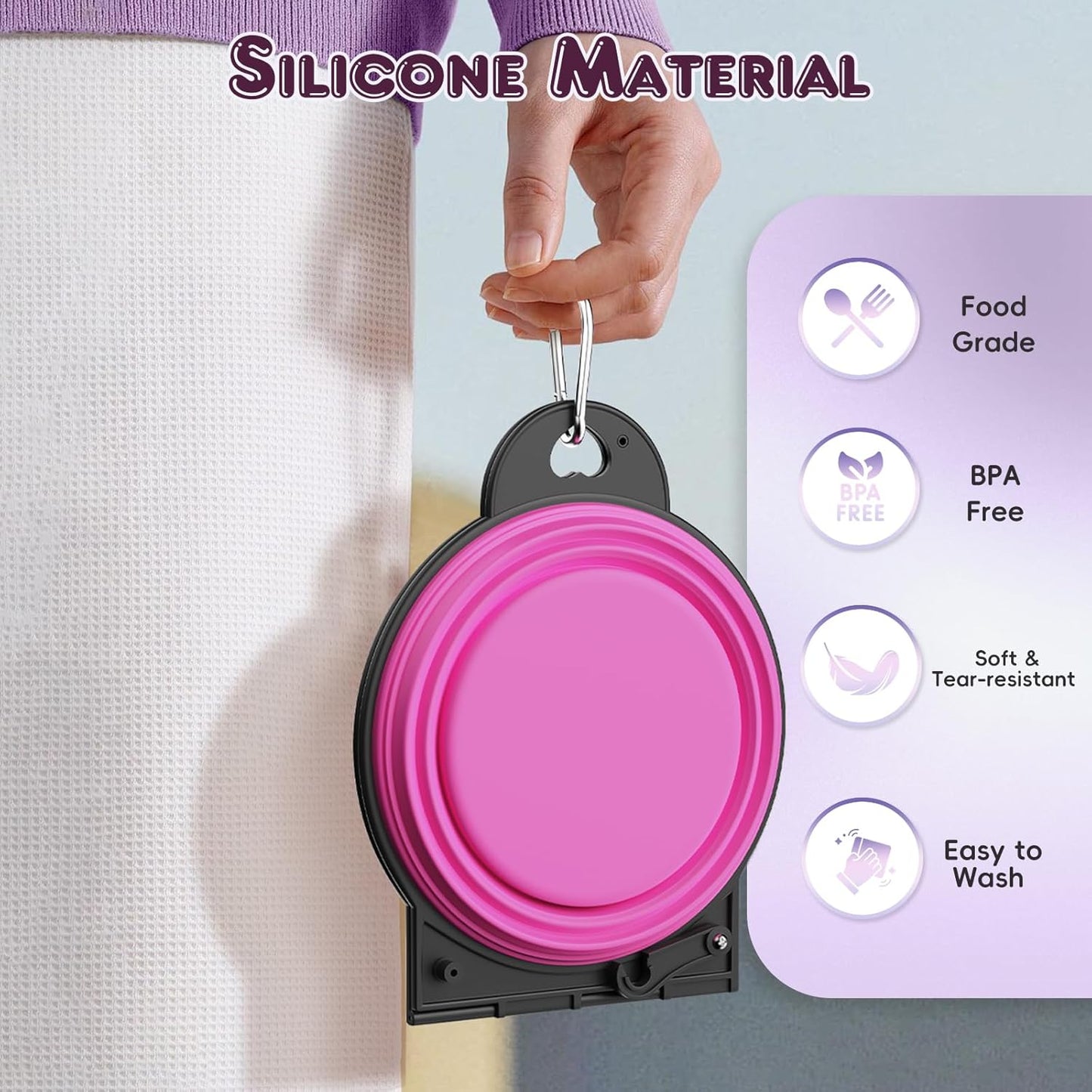 2-in-1 Collapsible Dog Bowls, Dual Puppy Food and Water Bowls, 180° Flip Over Portable Silicone Dog Bowl with Metal Hook, 450ml Pet Travel Feeder Bowl for Walking Hiking Camping, Pink
