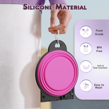 2-in-1 Collapsible Dog Bowls, Dual Puppy Food and Water Bowls, 180° Flip Over Portable Silicone Dog Bowl with Metal Hook, 450ml Pet Travel Feeder Bowl for Walking Hiking Camping, Pink