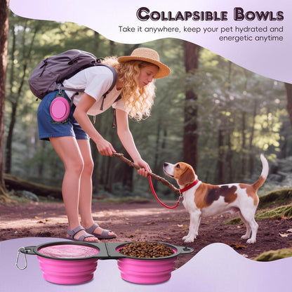 2-in-1 Collapsible Dog Bowls, Dual Puppy Food and Water Bowls, 180° Flip Over Portable Silicone Dog Bowl with Metal Hook, 450ml Pet Travel Feeder Bowl for Walking Hiking Camping, Pink