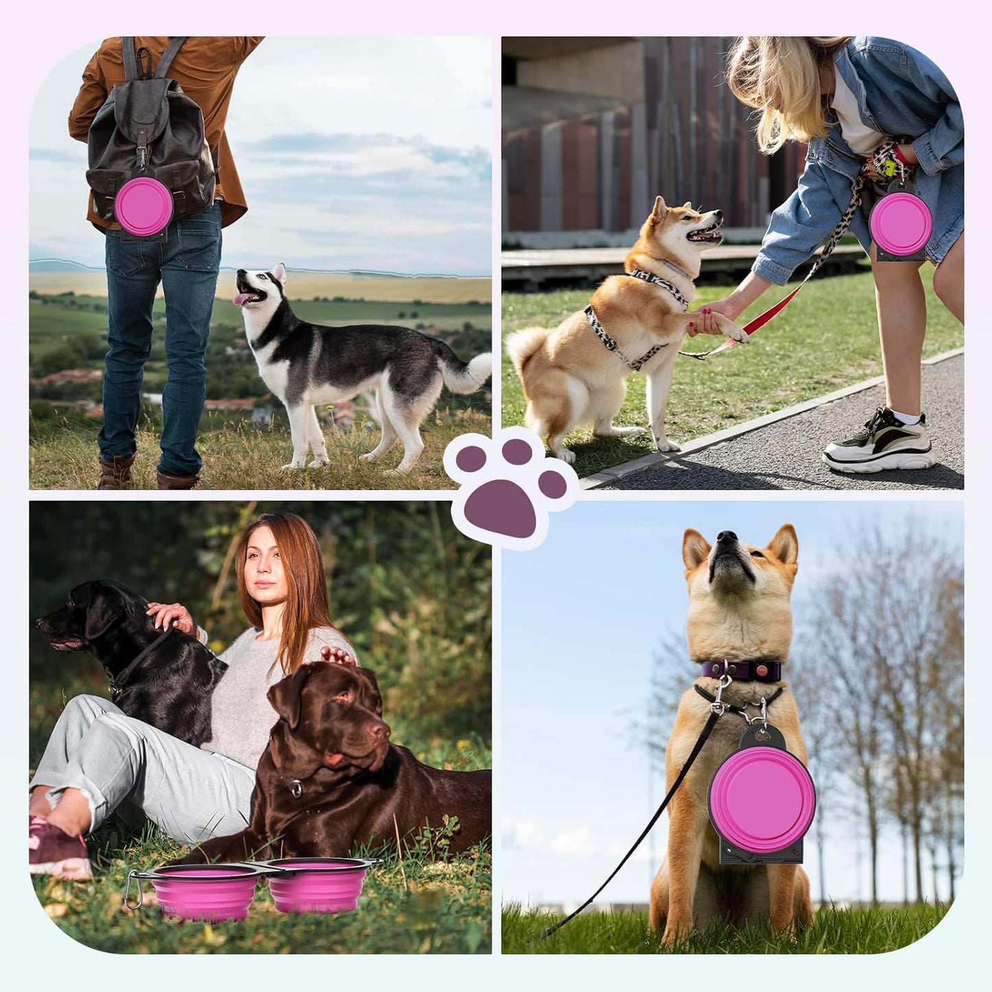 2-in-1 Collapsible Dog Bowls, Dual Puppy Food and Water Bowls, 180° Flip Over Portable Silicone Dog Bowl with Metal Hook, 450ml Pet Travel Feeder Bowl for Walking Hiking Camping, Pink