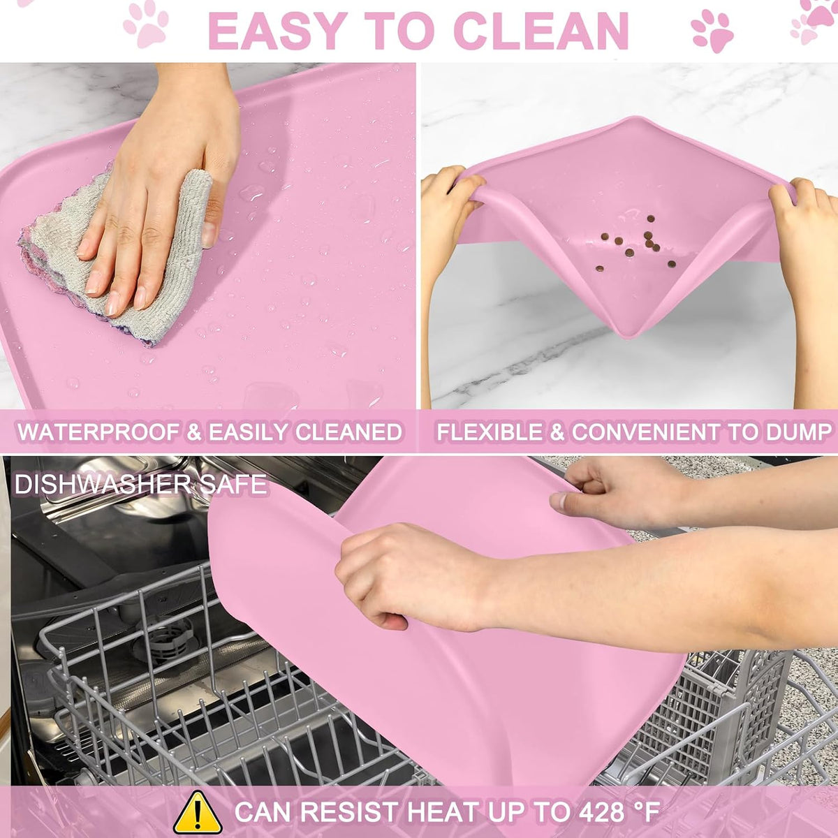 Waterproof Silicone Pet Food Mat with Raised Edge for Dog & Cat