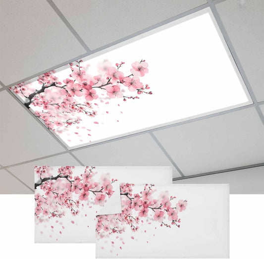 2 Pack Pink Blossom Fluorescent Light Covers Spring Ink Painting Branch Petal 4 x 2 Feet Light Covers for Ceiling Lights Classroom, Magnetic Light Filters for Office, Hospitals, Home