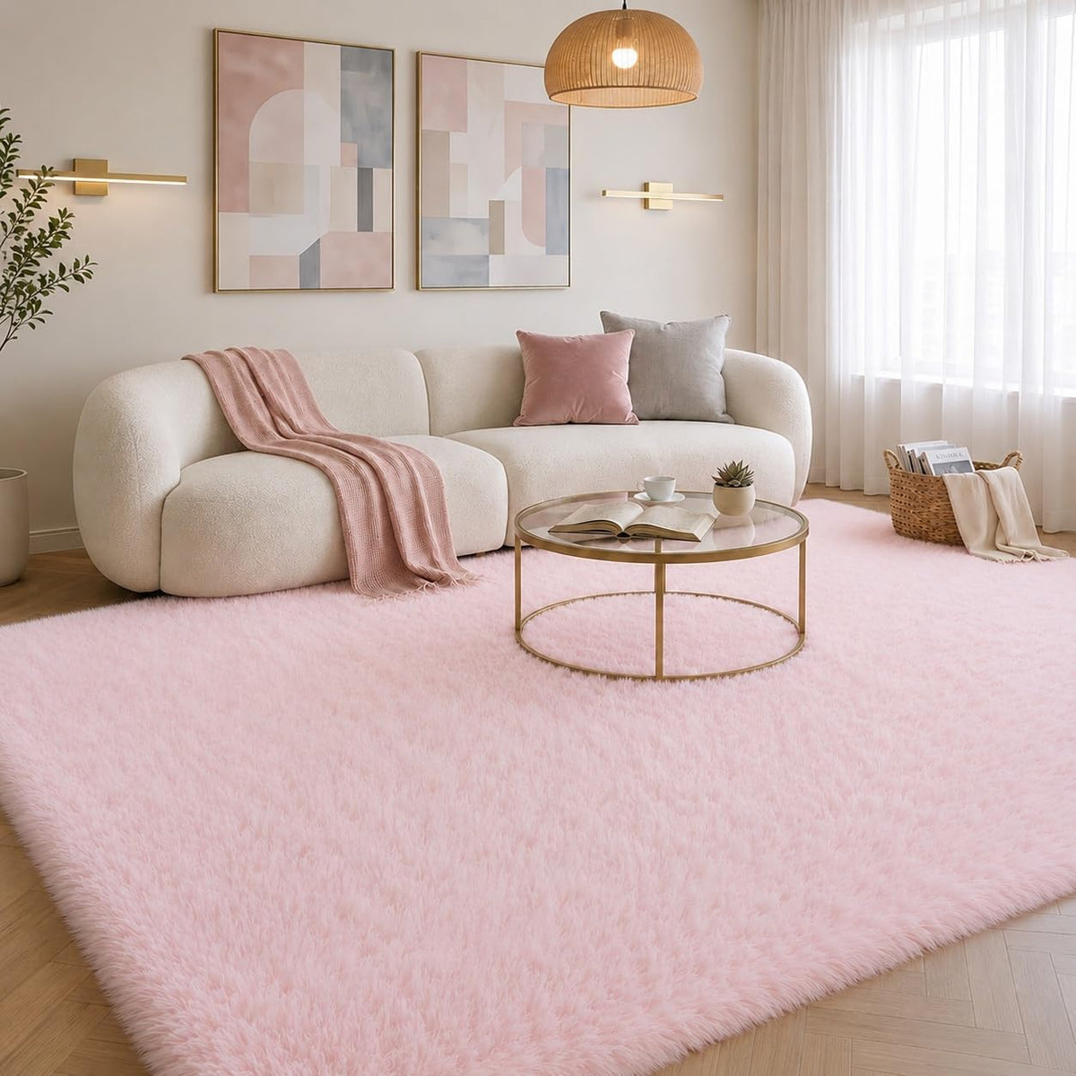 6x9 Ft Baby Pink Fluffy Area Rug for Living Room, Washable