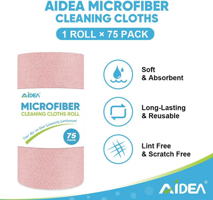 AIDEA Microfiber Cleaning Cloth Roll-75PK,Pink Microfiber Towels,11.5×11.5"