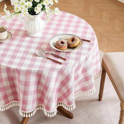 Checkered Tablecloth, Cotton Linen Gingham Table Cloth for Round Table with Tassel, Washable Heavy Duty Wrinkle Free Plaid Table Cover for Dining Picnic Camping, Pink, 60 X 60 Inch