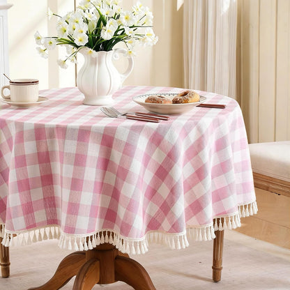 Checkered Tablecloth, Cotton Linen Gingham Table Cloth for Round Table with Tassel, Washable Heavy Duty Wrinkle Free Plaid Table Cover for Dining Picnic Camping, Pink, 60 X 60 Inch