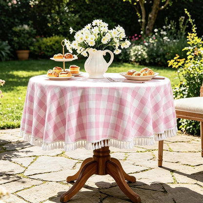 Checkered Tablecloth, Cotton Linen Gingham Table Cloth for Round Table with Tassel, Washable Heavy Duty Wrinkle Free Plaid Table Cover for Dining Picnic Camping, Pink, 60 X 60 Inch