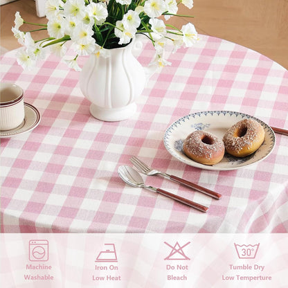Checkered Tablecloth, Cotton Linen Gingham Table Cloth for Round Table with Tassel, Washable Heavy Duty Wrinkle Free Plaid Table Cover for Dining Picnic Camping, Pink, 60 X 60 Inch