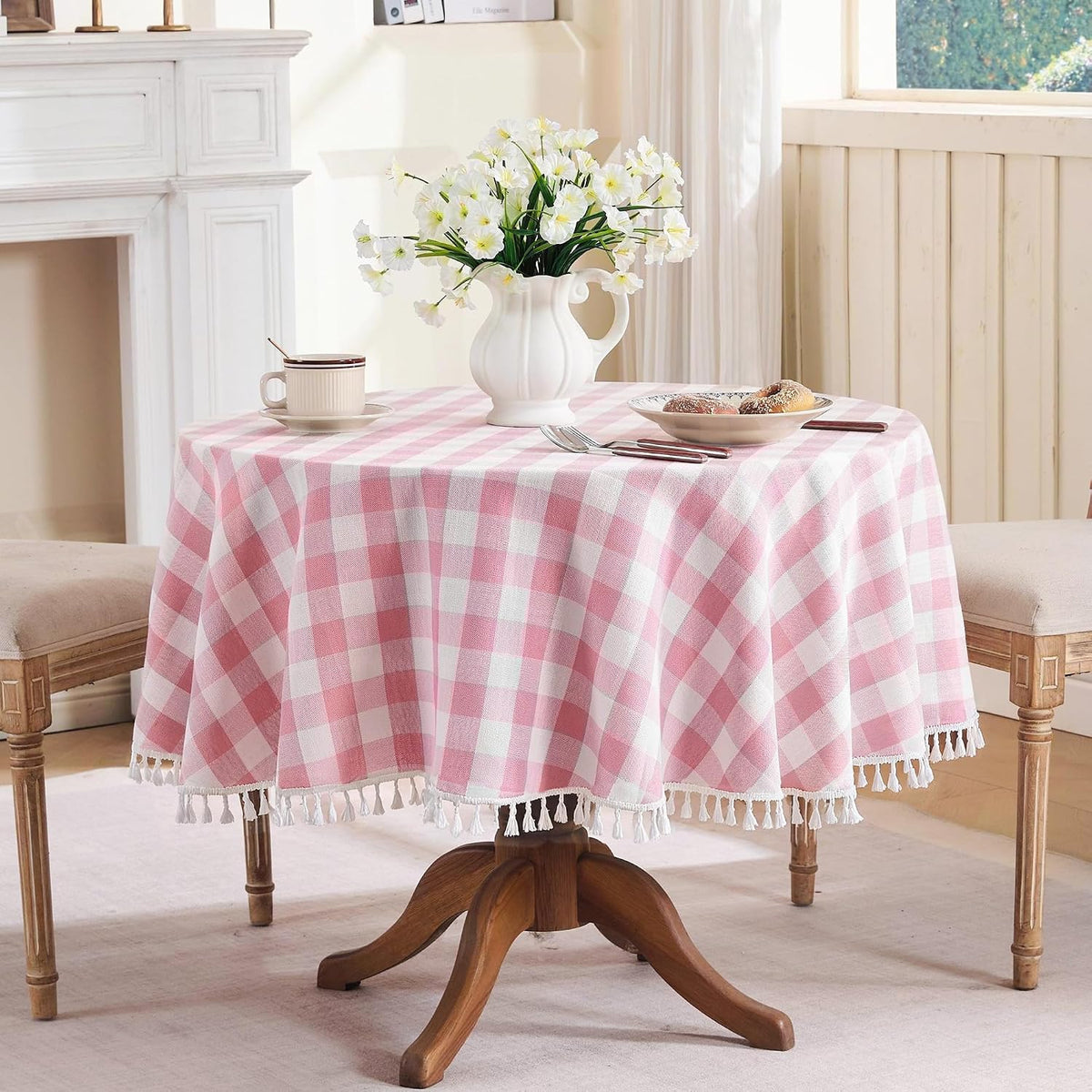Checkered Tablecloth, Cotton Linen Gingham Table Cloth for Round Table with Tassel, Washable Heavy Duty Wrinkle Free Plaid Table Cover for Dining Picnic Camping, Pink, 60 X 60 Inch