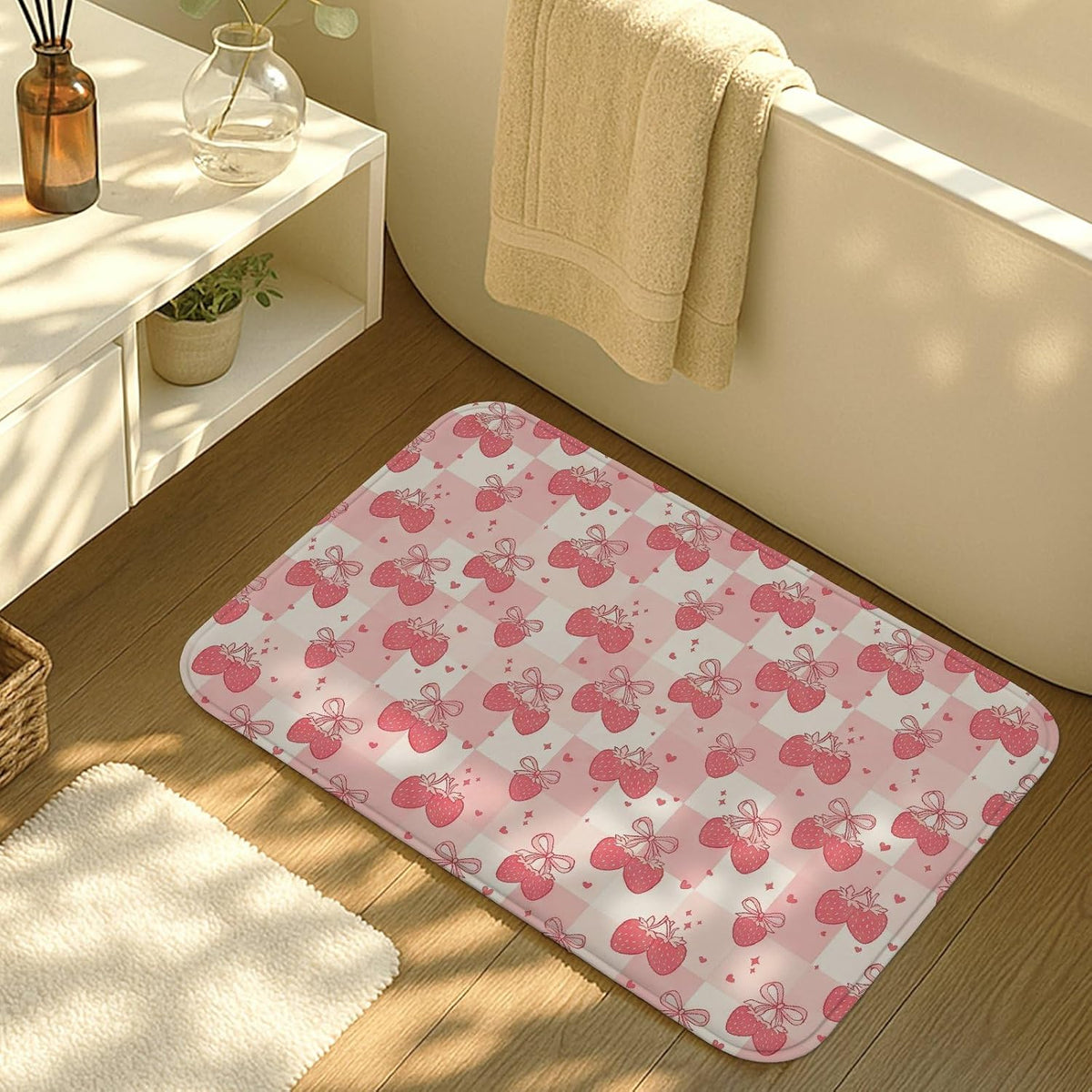 Flower Pattern Quick Dry Bath Mat, Cute Peach Floral Absorbent Non Slip Shower Mat, Spring Decorative Flannel Washable Bath Rugs for Bathroom Toilet Restroom 20x32 Inch