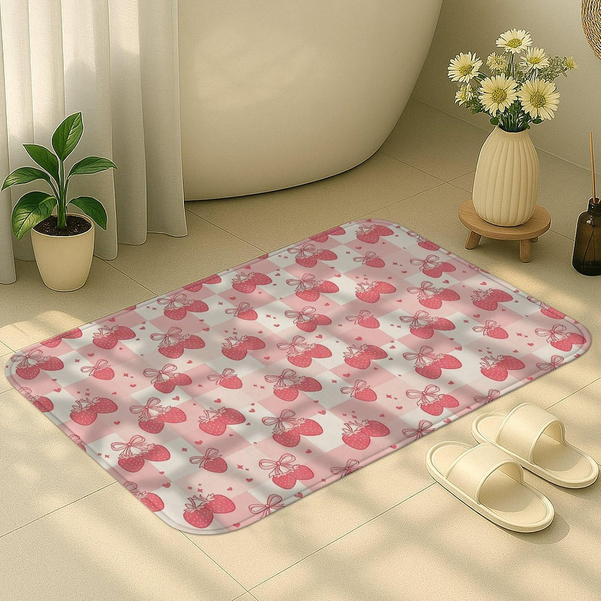 Flower Pattern Quick Dry Bath Mat, Cute Peach Floral Absorbent Non Slip Shower Mat, Spring Decorative Flannel Washable Bath Rugs for Bathroom Toilet Restroom 20x32 Inch