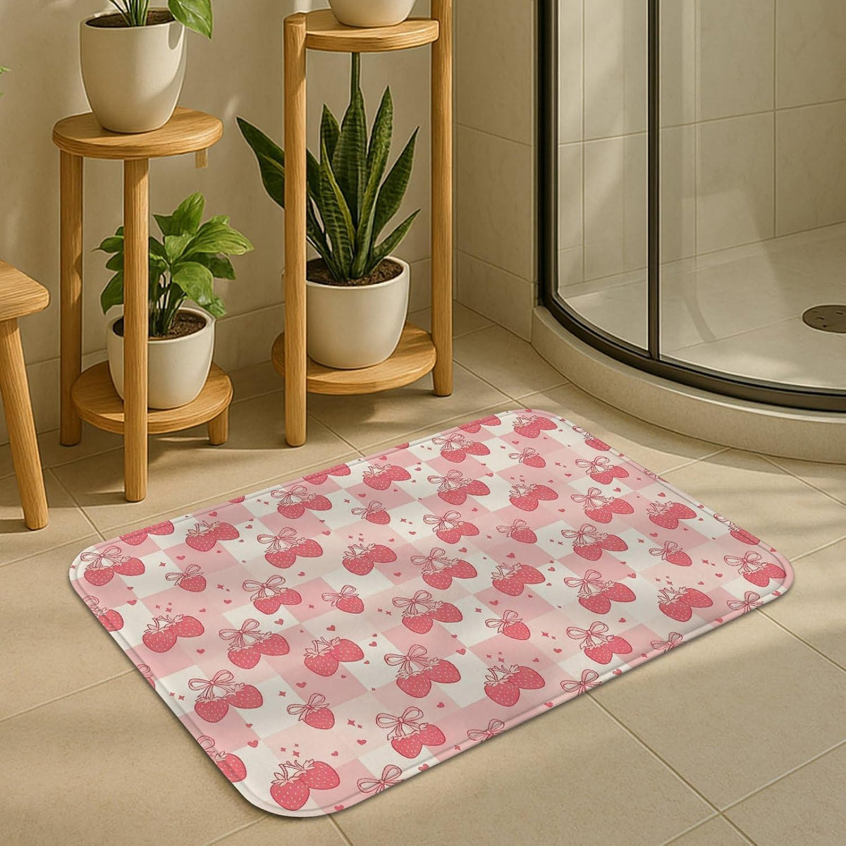 Flower Pattern Quick Dry Bath Mat, Cute Peach Floral Absorbent Non Slip Shower Mat, Spring Decorative Flannel Washable Bath Rugs for Bathroom Toilet Restroom 20x32 Inch