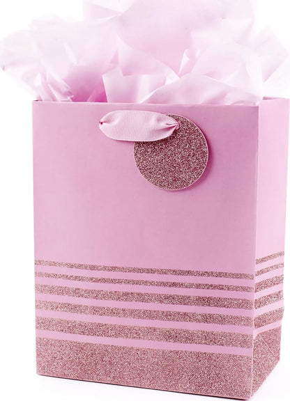 9" Medium Gift Bag with Tissue Paper (Pink Glitter Stripes) for Valentines Day, Birthdays, Baby Showers, Bridal Showers or Any Occasion