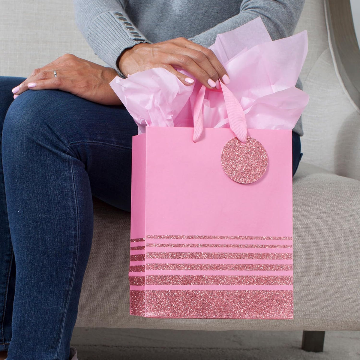 9" Medium Gift Bag with Tissue Paper (Pink Glitter Stripes) for Valentines Day, Birthdays, Baby Showers, Bridal Showers or Any Occasion