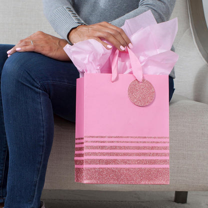 9" Medium Gift Bag with Tissue Paper (Pink Glitter Stripes) for Valentines Day, Birthdays, Baby Showers, Bridal Showers or Any Occasion