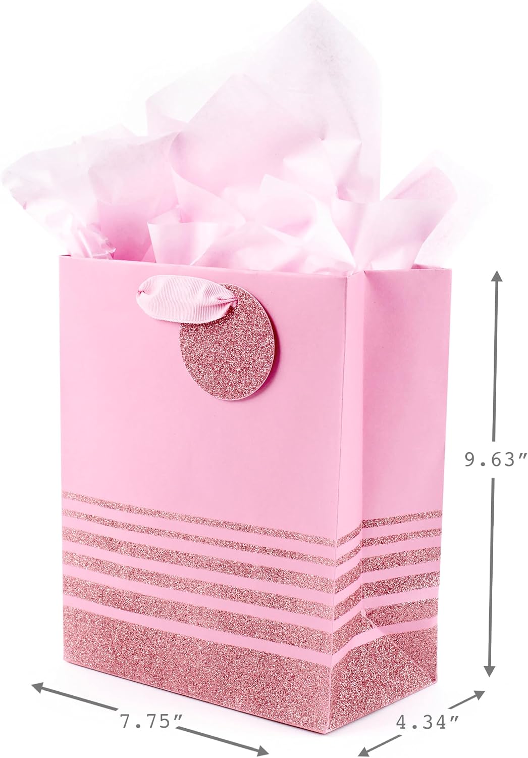 9" Medium Gift Bag with Tissue Paper (Pink Glitter Stripes) for Valentines Day, Birthdays, Baby Showers, Bridal Showers or Any Occasion