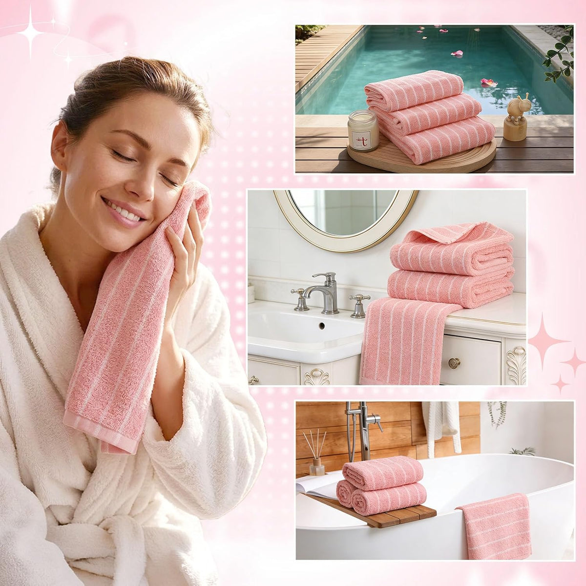 3 Pack Hand Towels 100% Cotton Soft Absorbent 13” x 29” Pink