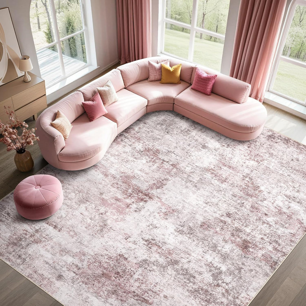 5x7 Washable Area Rug - Neutral Modern Abstract Living Room Rugs, Non-Slip Soft Large Indoor Floor Carpet for Bedroom Home Office & Under Dining Table Decor, Pink Grey