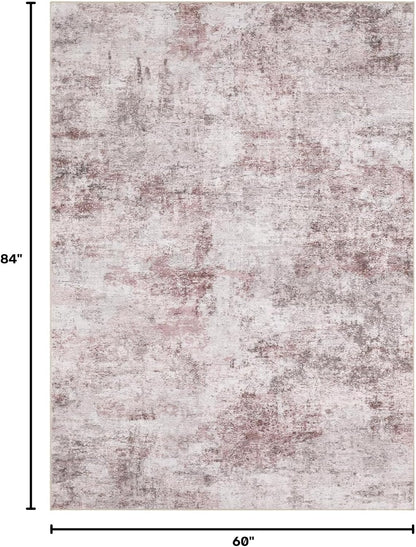 5x7 Washable Area Rug - Neutral Modern Abstract Living Room Rugs, Non-Slip Soft Large Indoor Floor Carpet for Bedroom Home Office & Under Dining Table Decor, Pink Grey