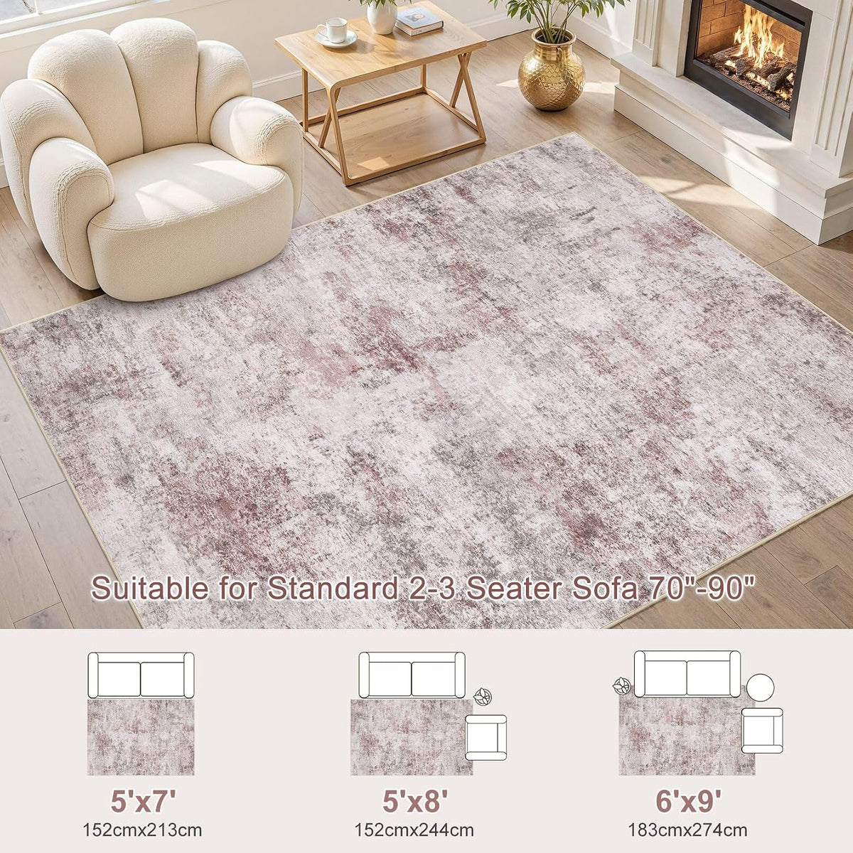 5x7 Washable Area Rug - Neutral Modern Abstract Living Room Rugs, Non-Slip Soft Large Indoor Floor Carpet for Bedroom Home Office & Under Dining Table Decor, Pink Grey
