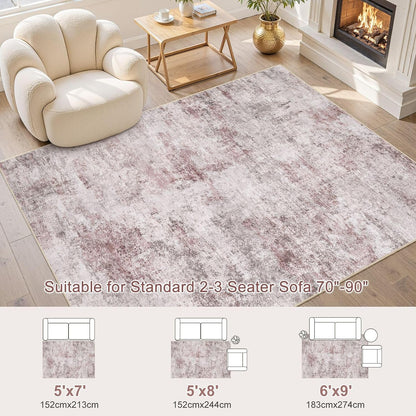 5x7 Washable Area Rug - Neutral Modern Abstract Living Room Rugs, Non-Slip Soft Large Indoor Floor Carpet for Bedroom Home Office & Under Dining Table Decor, Pink Grey
