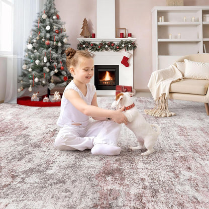 5x7 Washable Area Rug - Neutral Modern Abstract Living Room Rugs, Non-Slip Soft Large Indoor Floor Carpet for Bedroom Home Office & Under Dining Table Decor, Pink Grey
