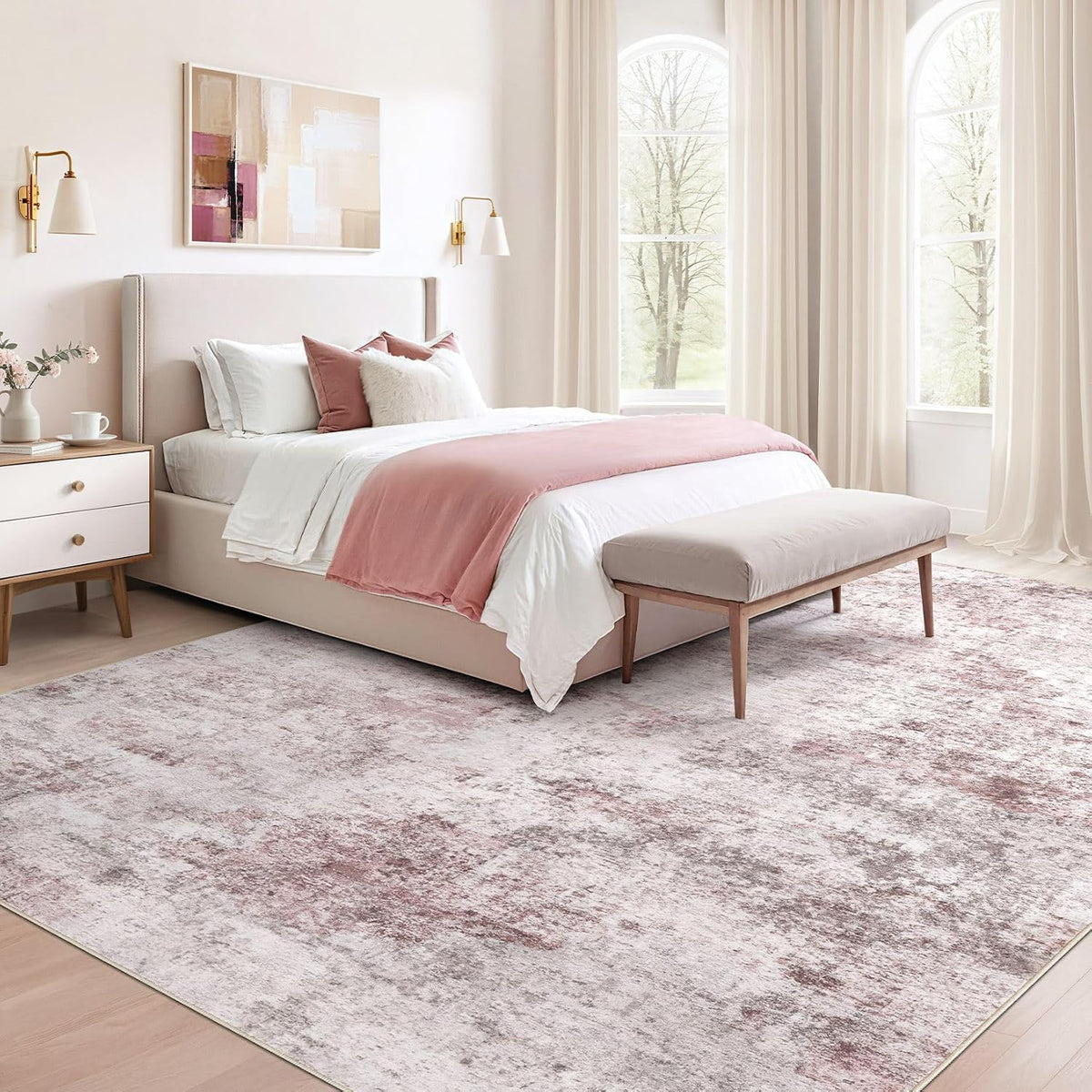 5x7 Washable Area Rug - Neutral Modern Abstract Living Room Rugs, Non-Slip Soft Large Indoor Floor Carpet for Bedroom Home Office & Under Dining Table Decor, Pink Grey